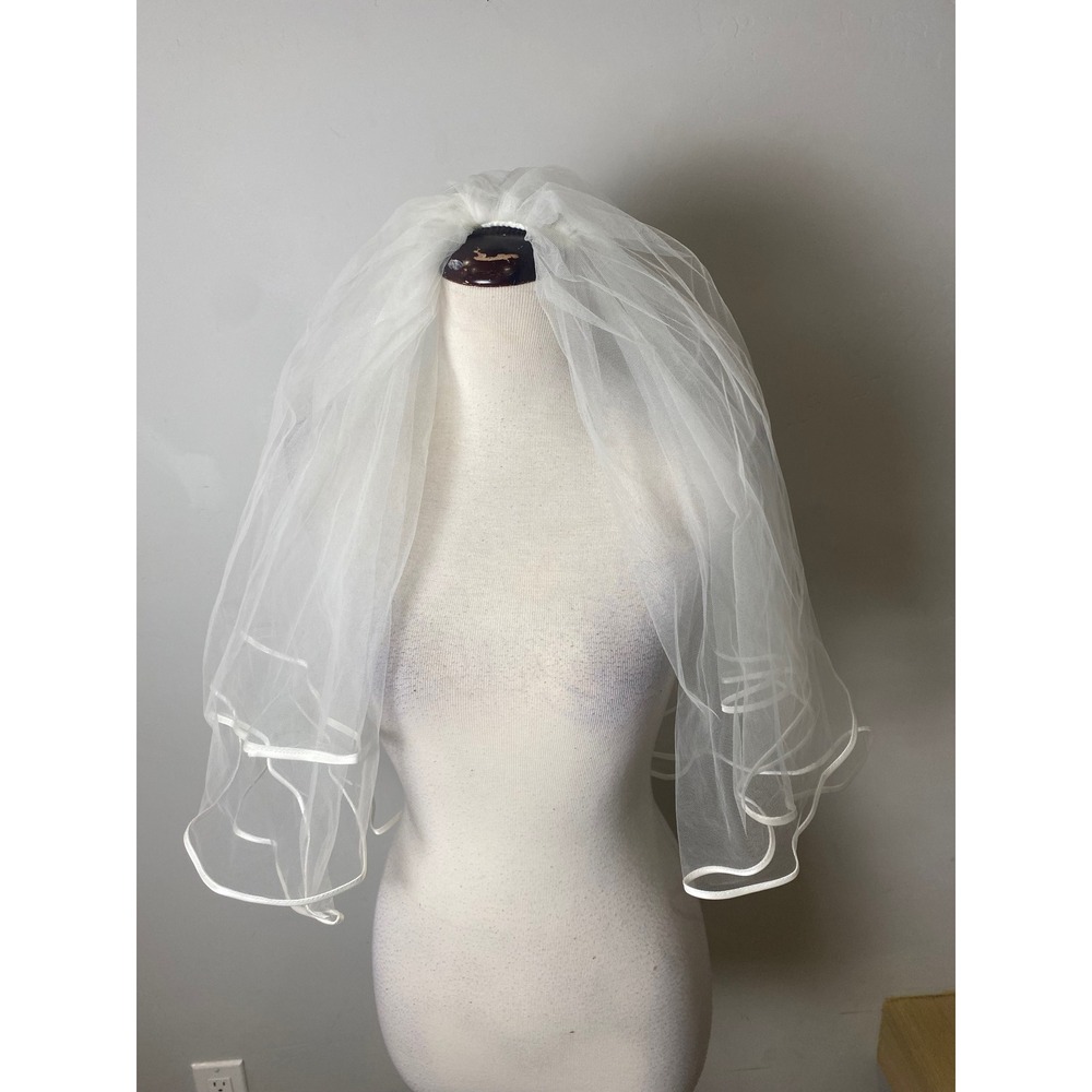 White Two Tier Bridal Veil Satin Ribbon Trim Tulle Wedding Accessory